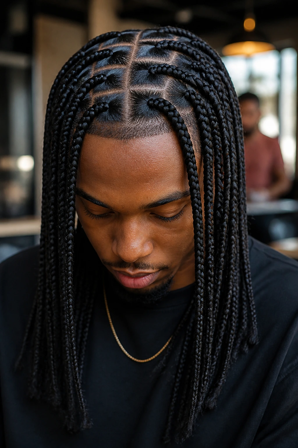 Close-up of a person with neat box braids and square parts