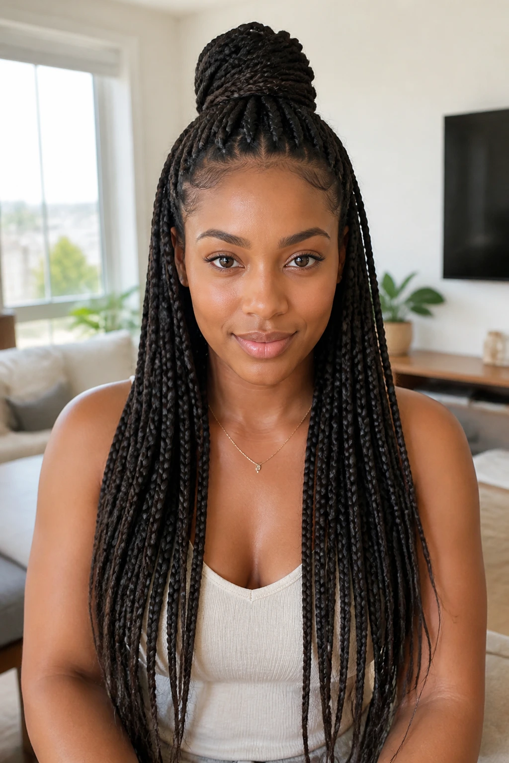 Real person with half-up crown lift, hair neatly pulled back and flowing braids