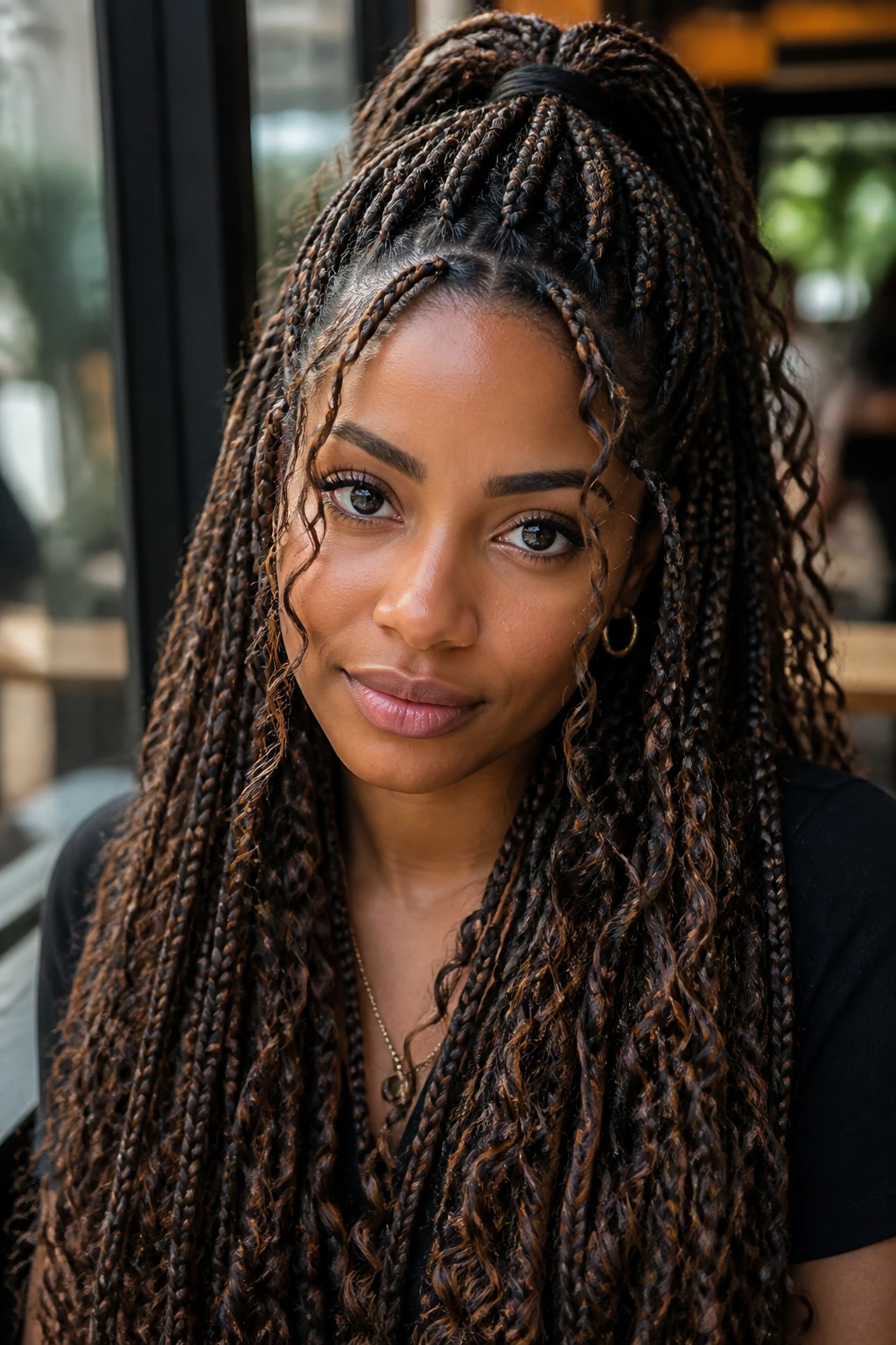 Close-up of a real person with half-up, half-down boho box braids
