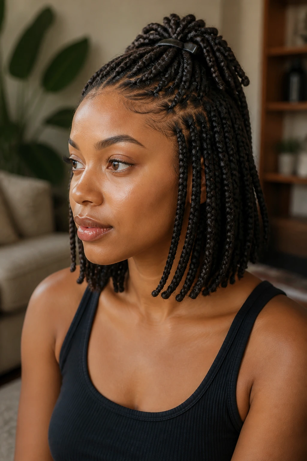 Portrait of a real woman with half-up half-down box braids