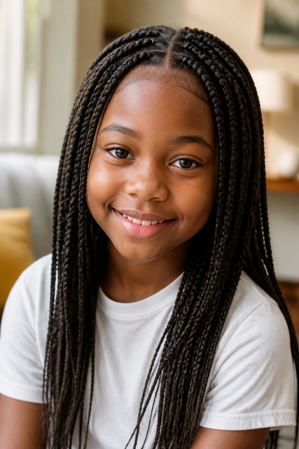 Close-up of a child with bead-free box braids in a cozy home setting
