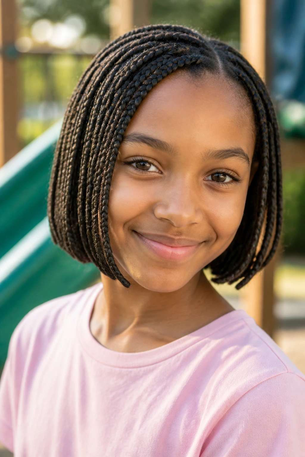 Child with neat bob-length box braid hairstyle outdoors