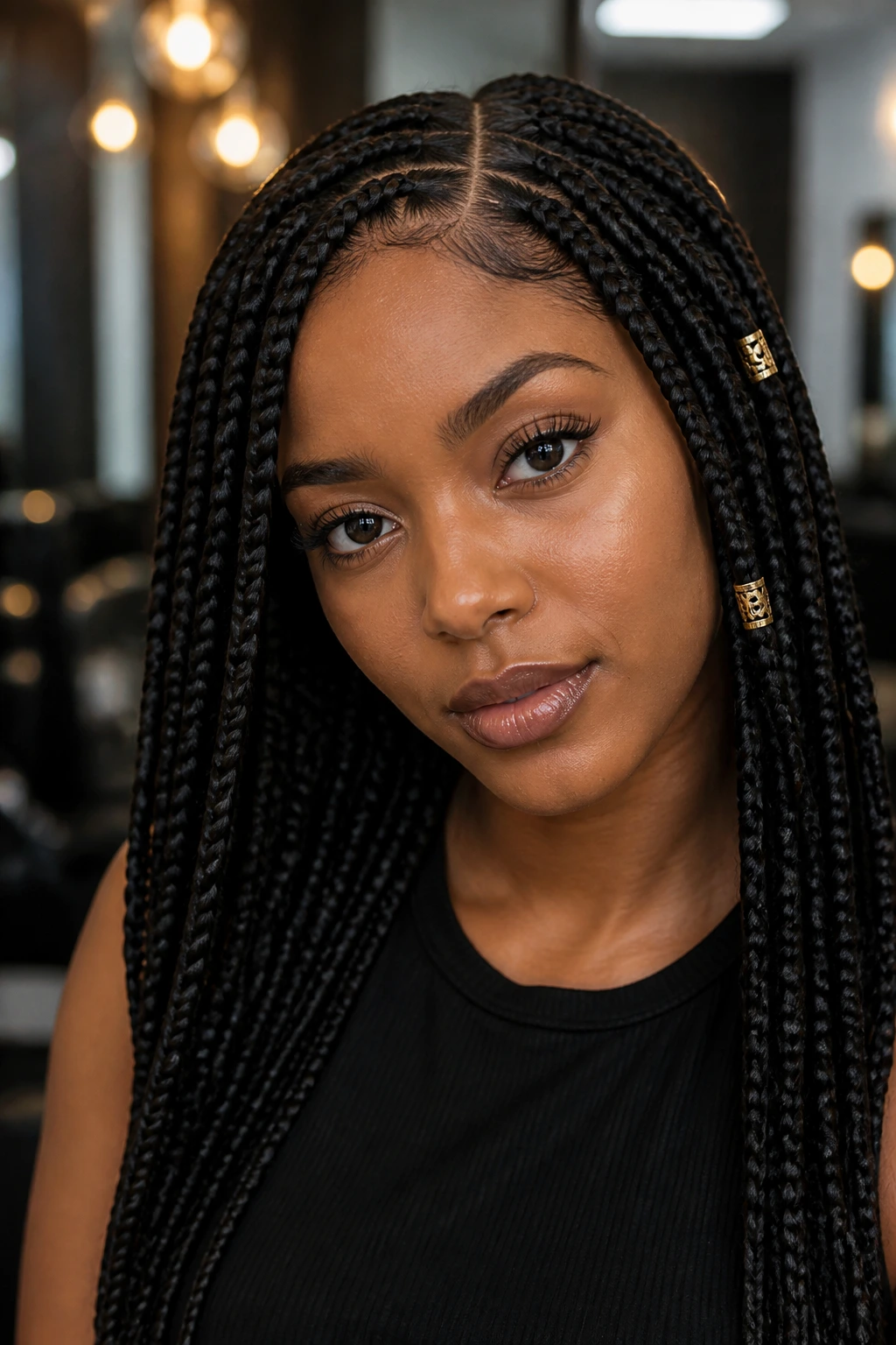 Close-up of a real Black woman with knotless middle-part box braids