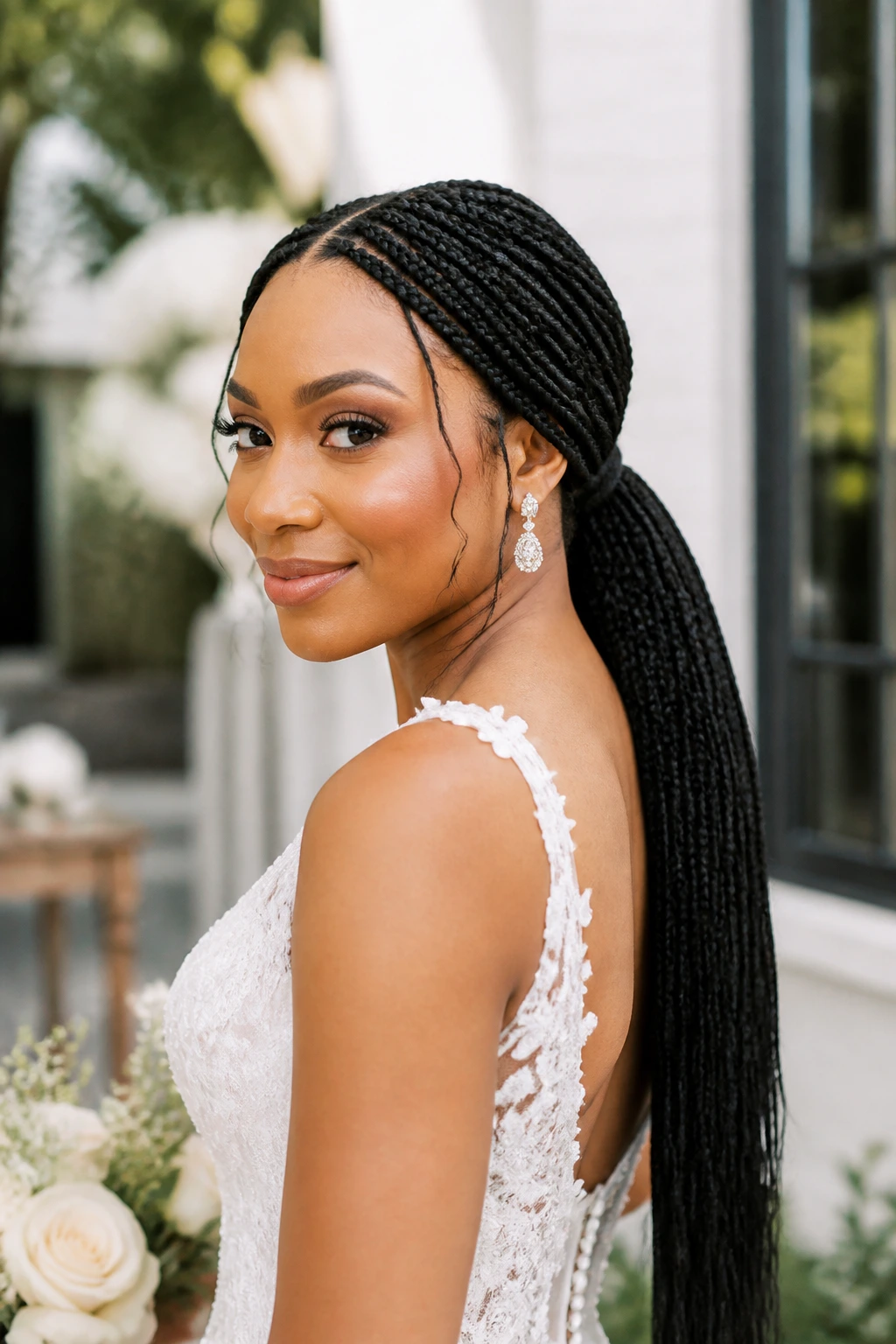 Medium close-up of a real bride with a box braid low ponytail