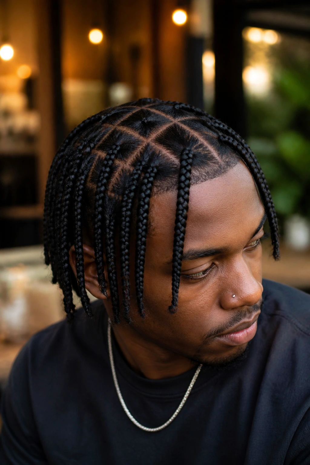 Man with box braids in outdoor cafe setting.