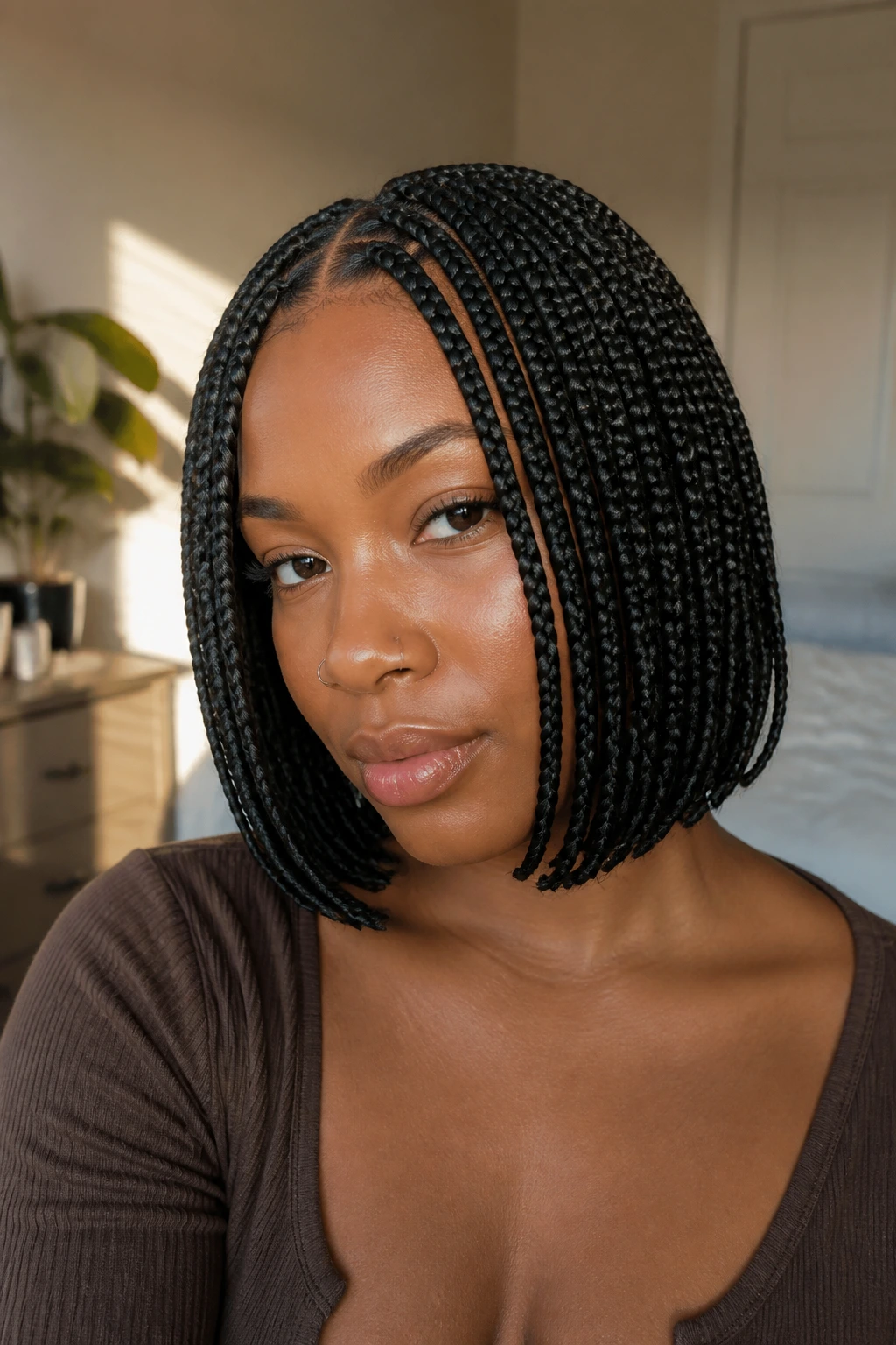 Close-up of a real woman with box braids in a middle-part bob framing the face