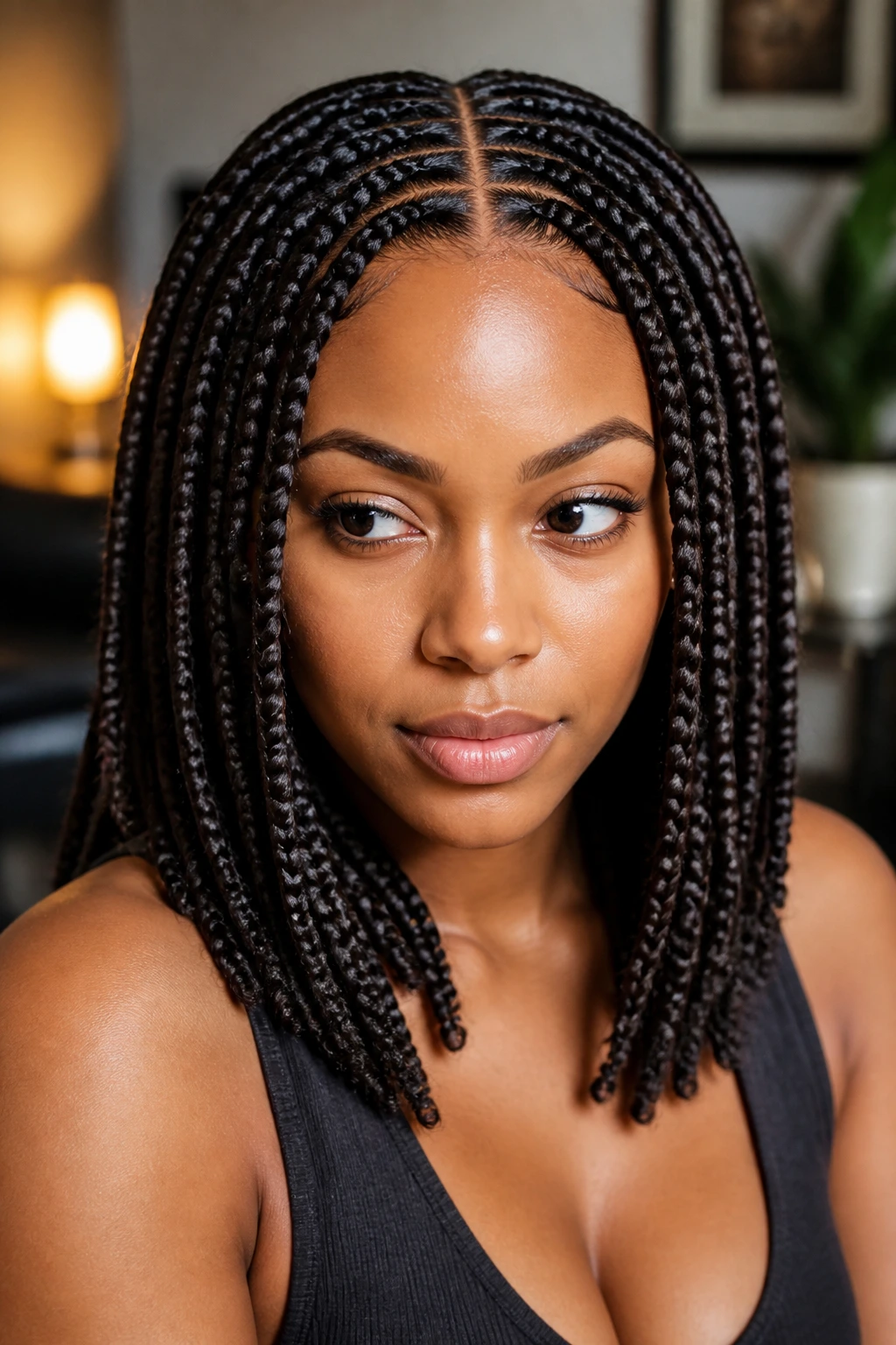 Portrait of a woman with a middle-part box braid arrangement