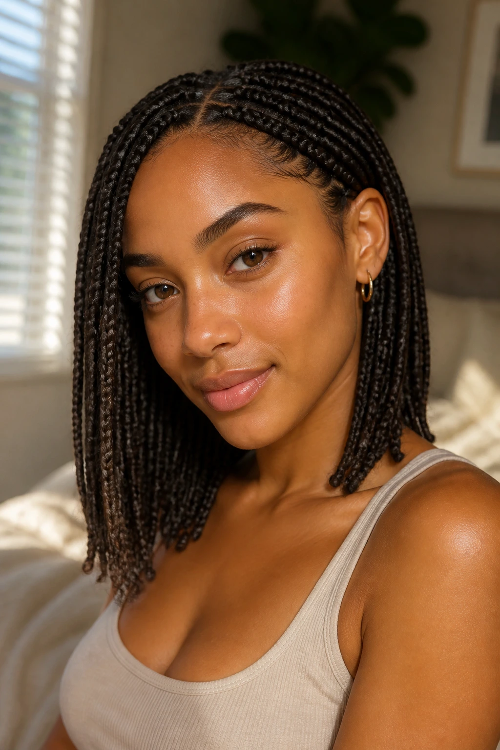 Close-up of a real woman with box braids, middle part, one side tucked behind ear, cozy window light.