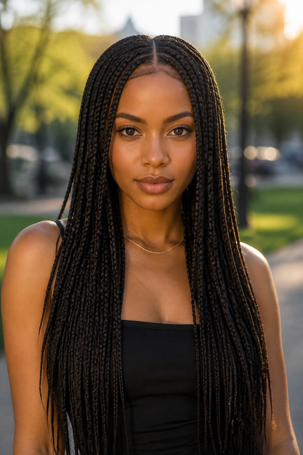 Close-up portrait of a person with box braids in a middle part reaching tail length