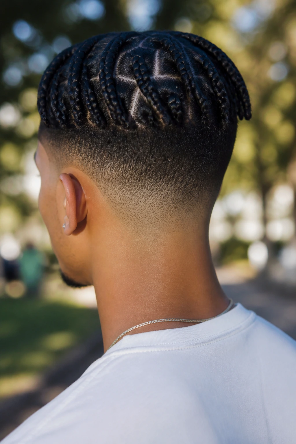 Close-up portrait of a real person with box braids and a tight nape fade.