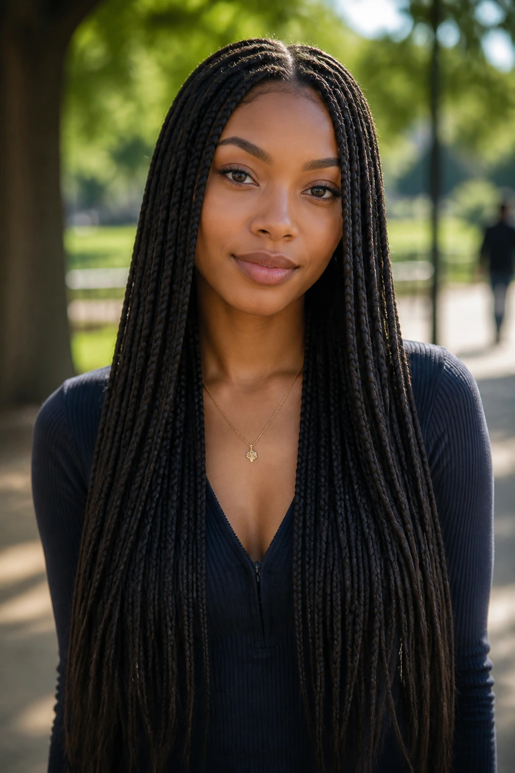 Portrait of a person with long slim box braids in a park