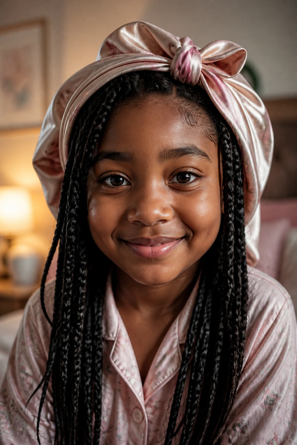 Child with box braids under a satin scarf for night care