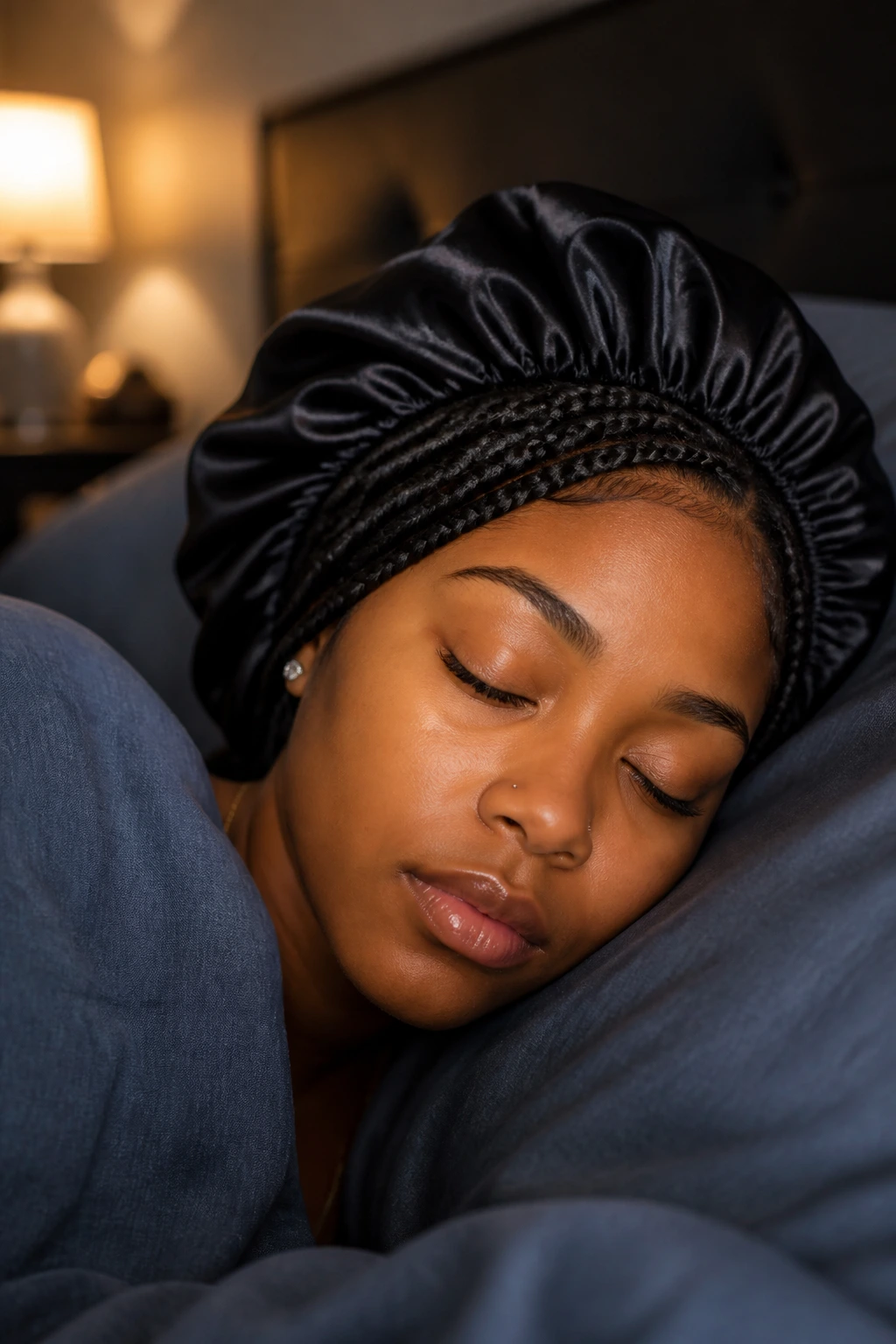 Real person with box braids under a satin bonnet in bed for night care.