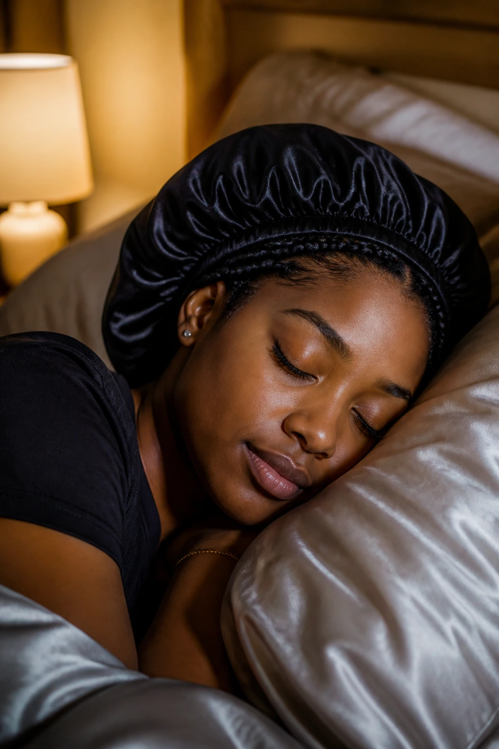 Portrait of a person in a satin bonnet showing braids at the edges