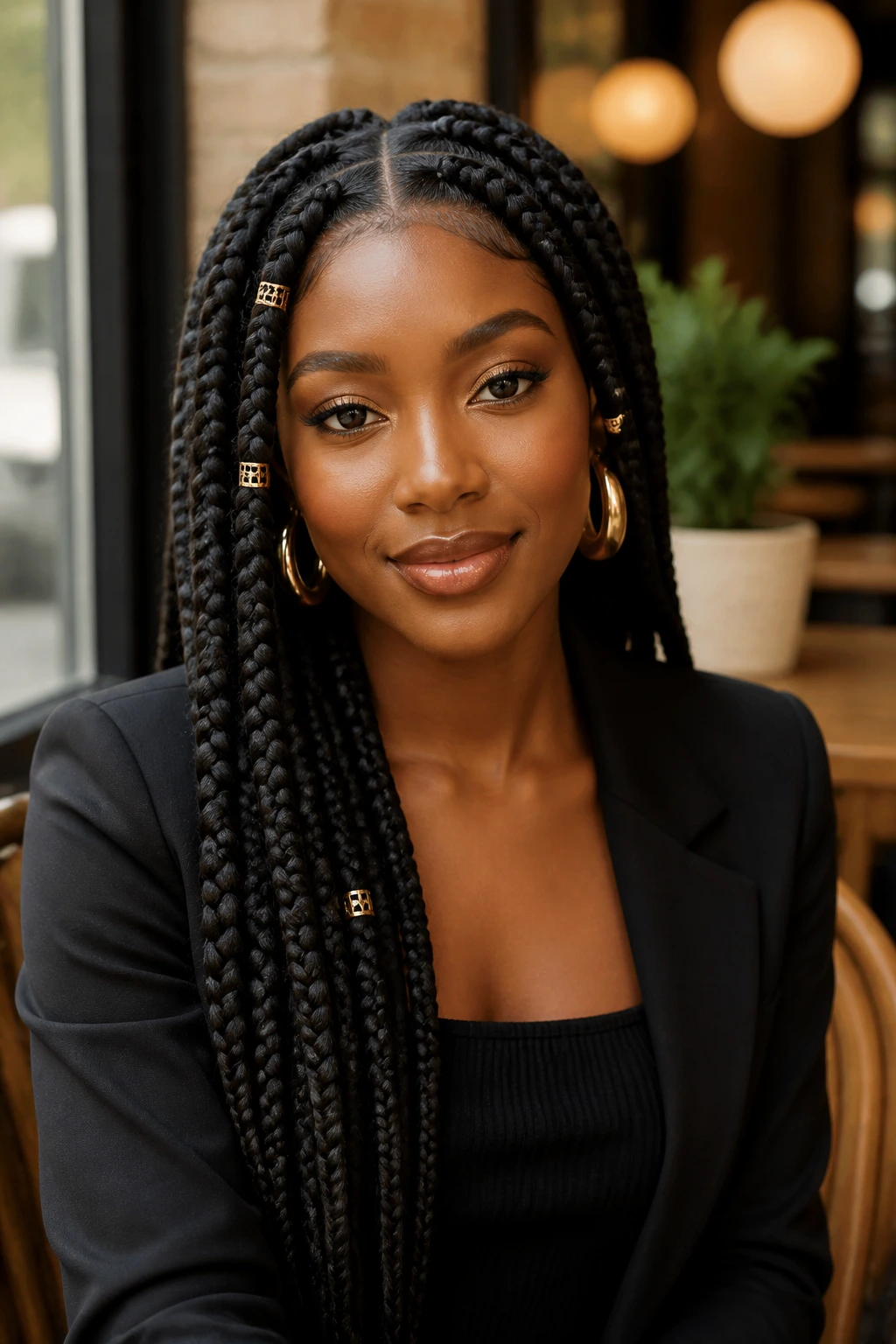 Real woman with jumbo box braids wearing coordinated outfit and makeup