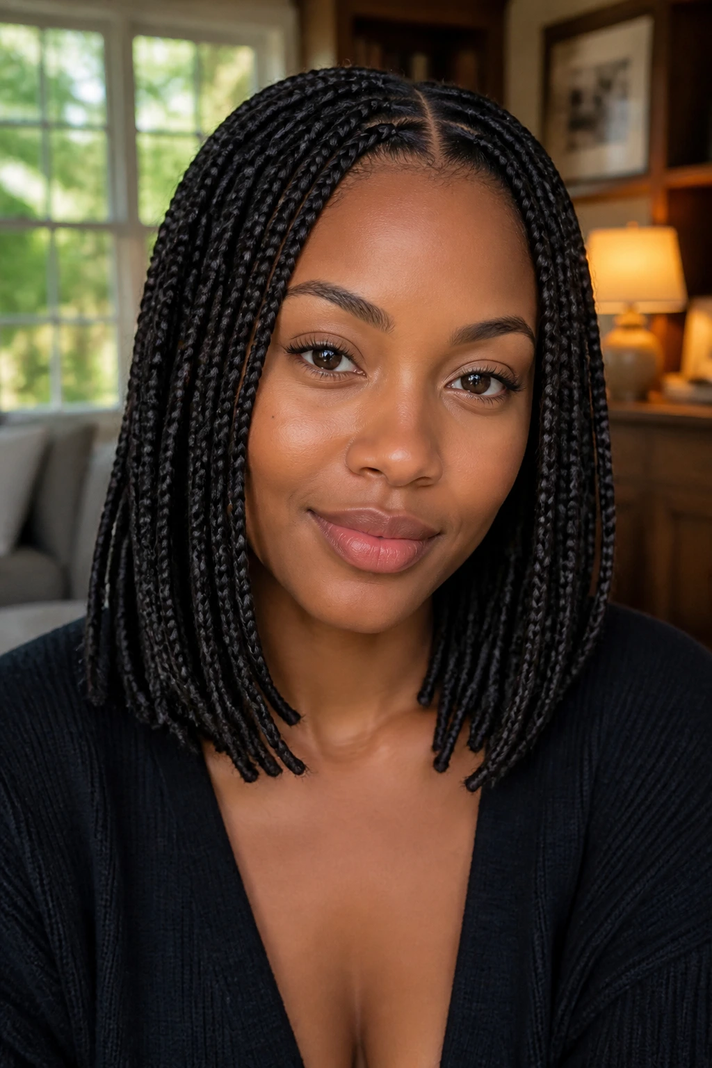 Close-up portrait of a woman with shoulder-skimming box braids in a cozy indoor setting