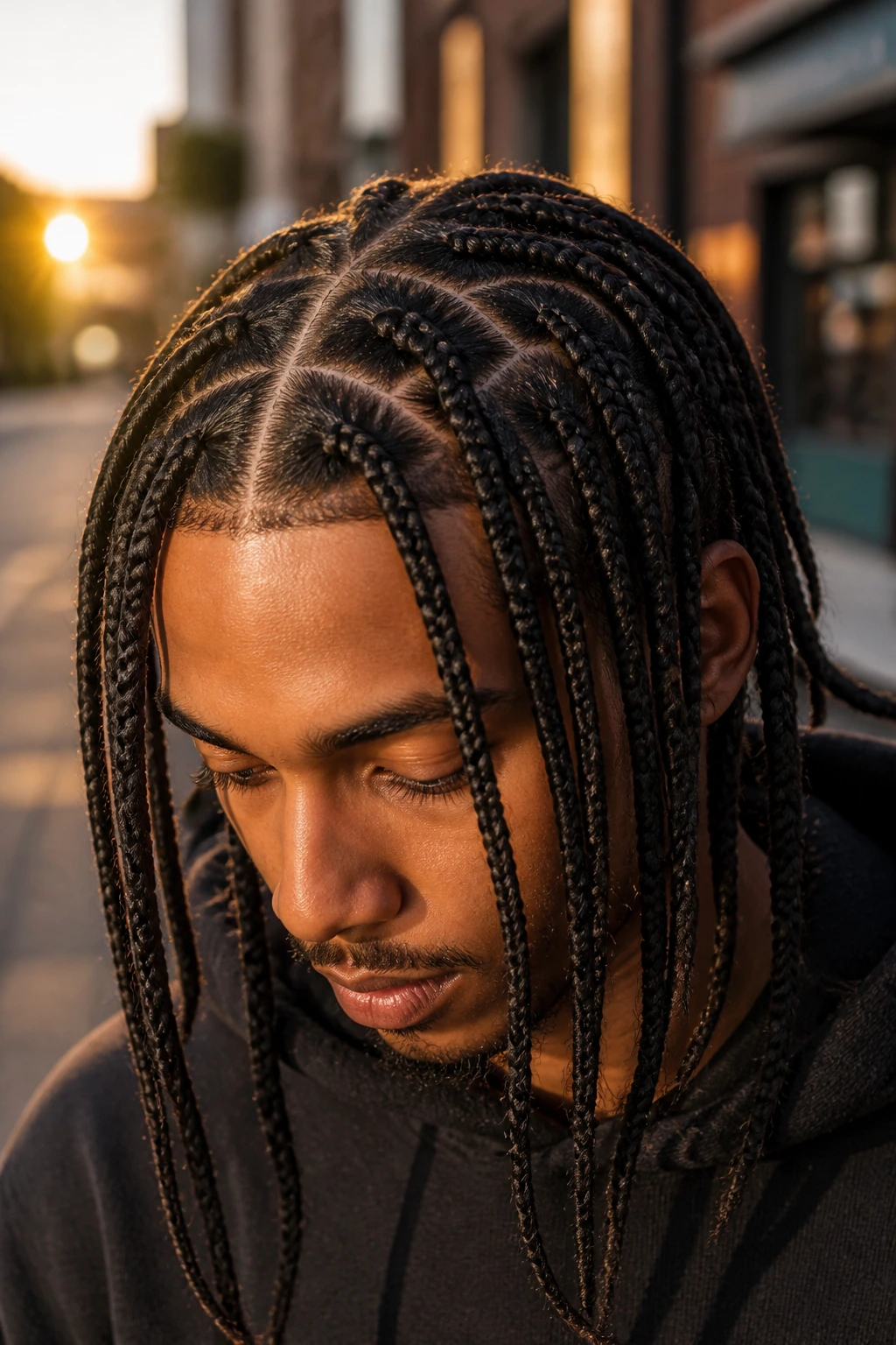 Close-up portrait of a real person with box braids on a city street.