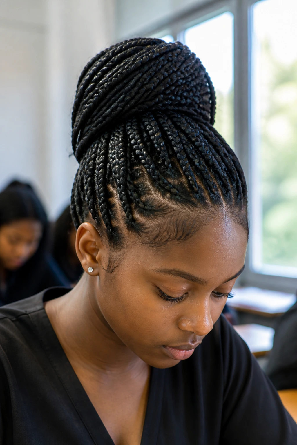 Close-up portrait of a real student with box braids pulled up for class in a school setting