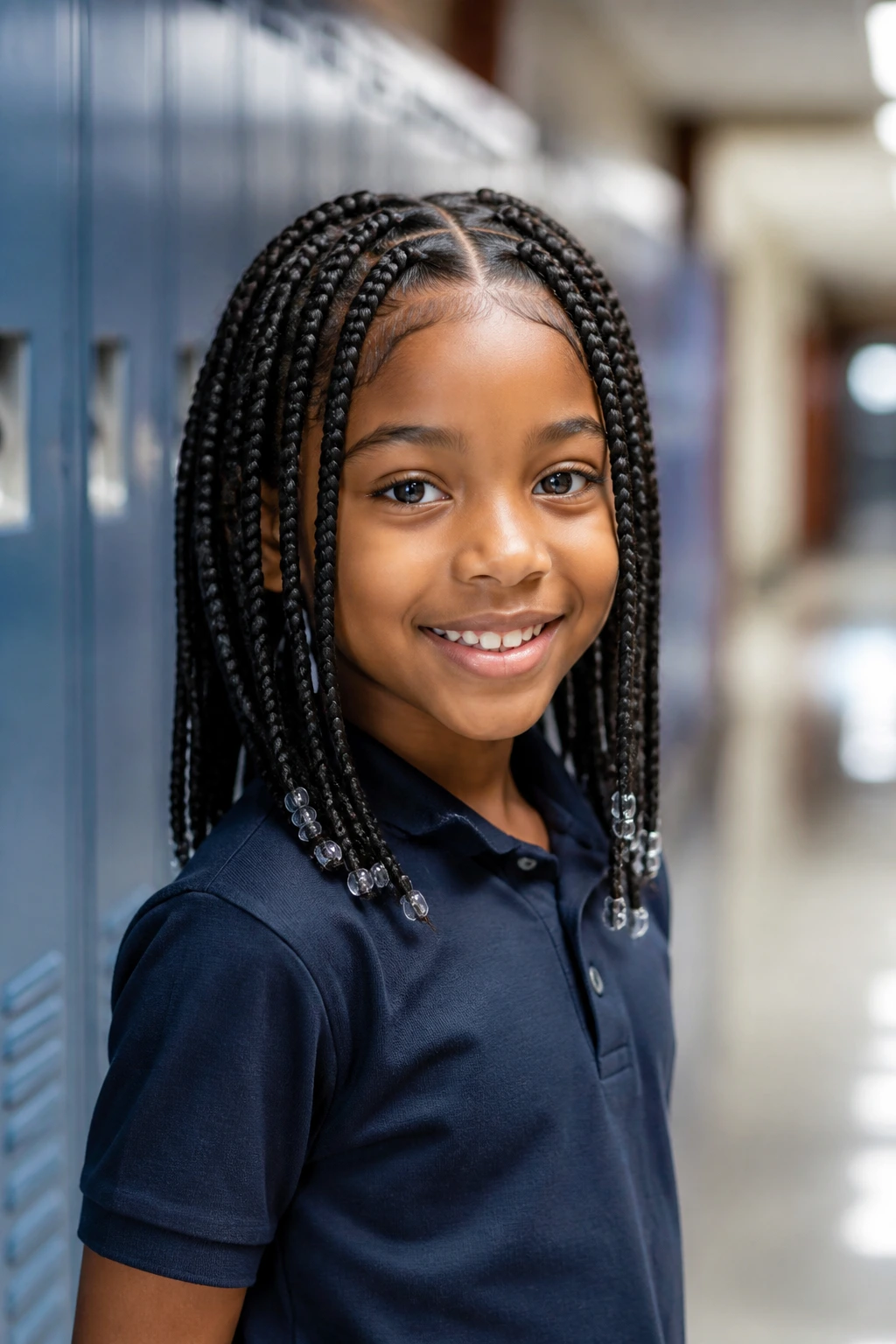 Medium close-up of a child with box braids in a school setting
