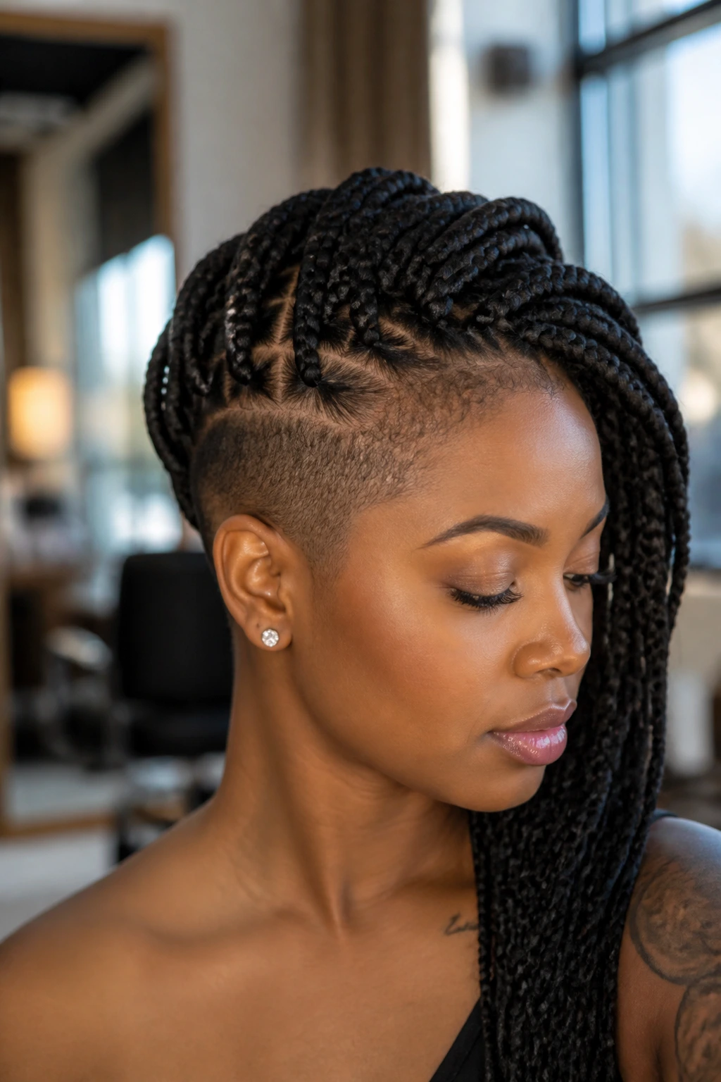 Close-up portrait of a real woman with box braids and a low side shaved nape