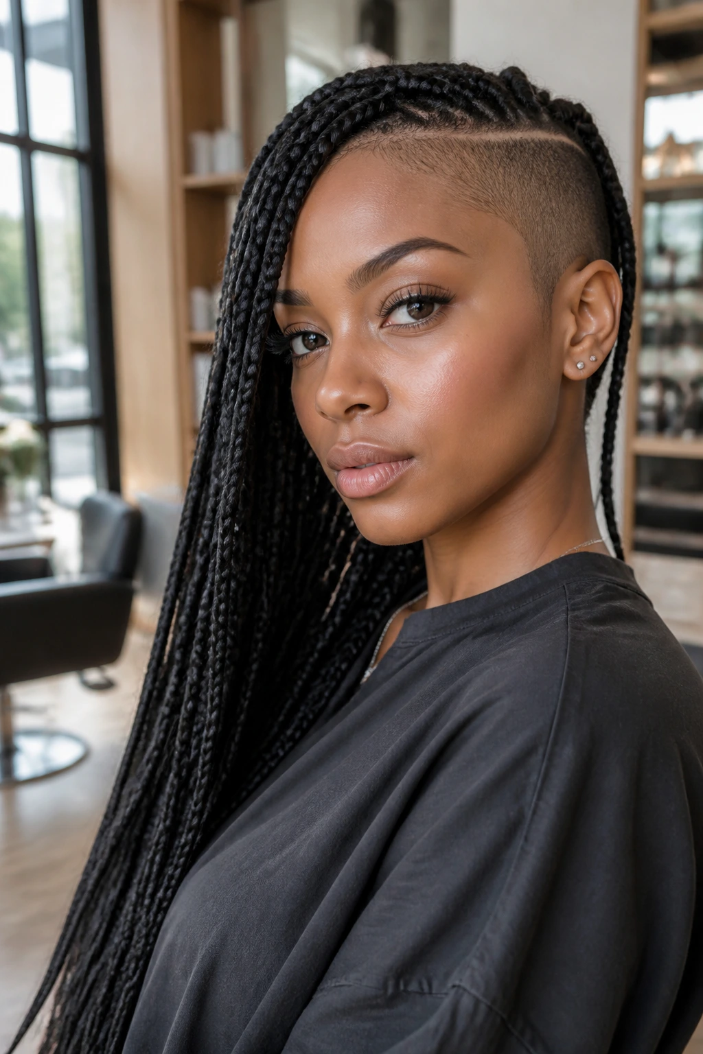 Close-up of a real Black woman with box braids and a narrow shaved side in a sunlit salon