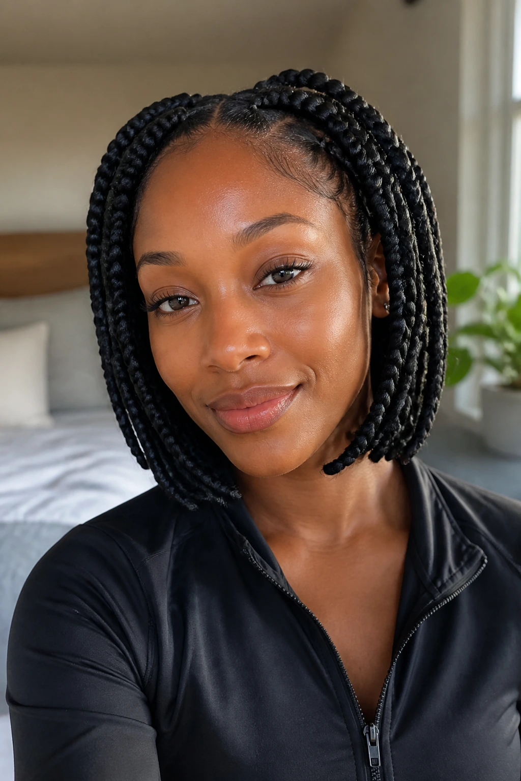 Close-up of a real woman with shoulder-length jumbo box braids in a practical week-friendly style