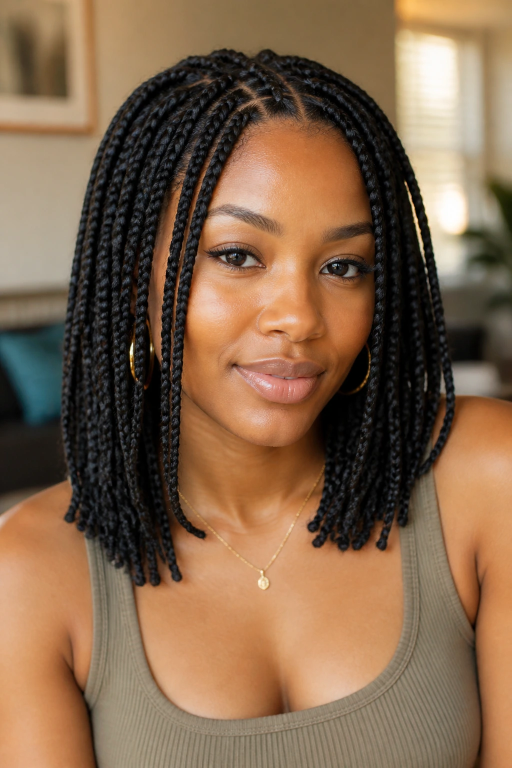 Portrait of a woman with shoulder-skimming classic box braids