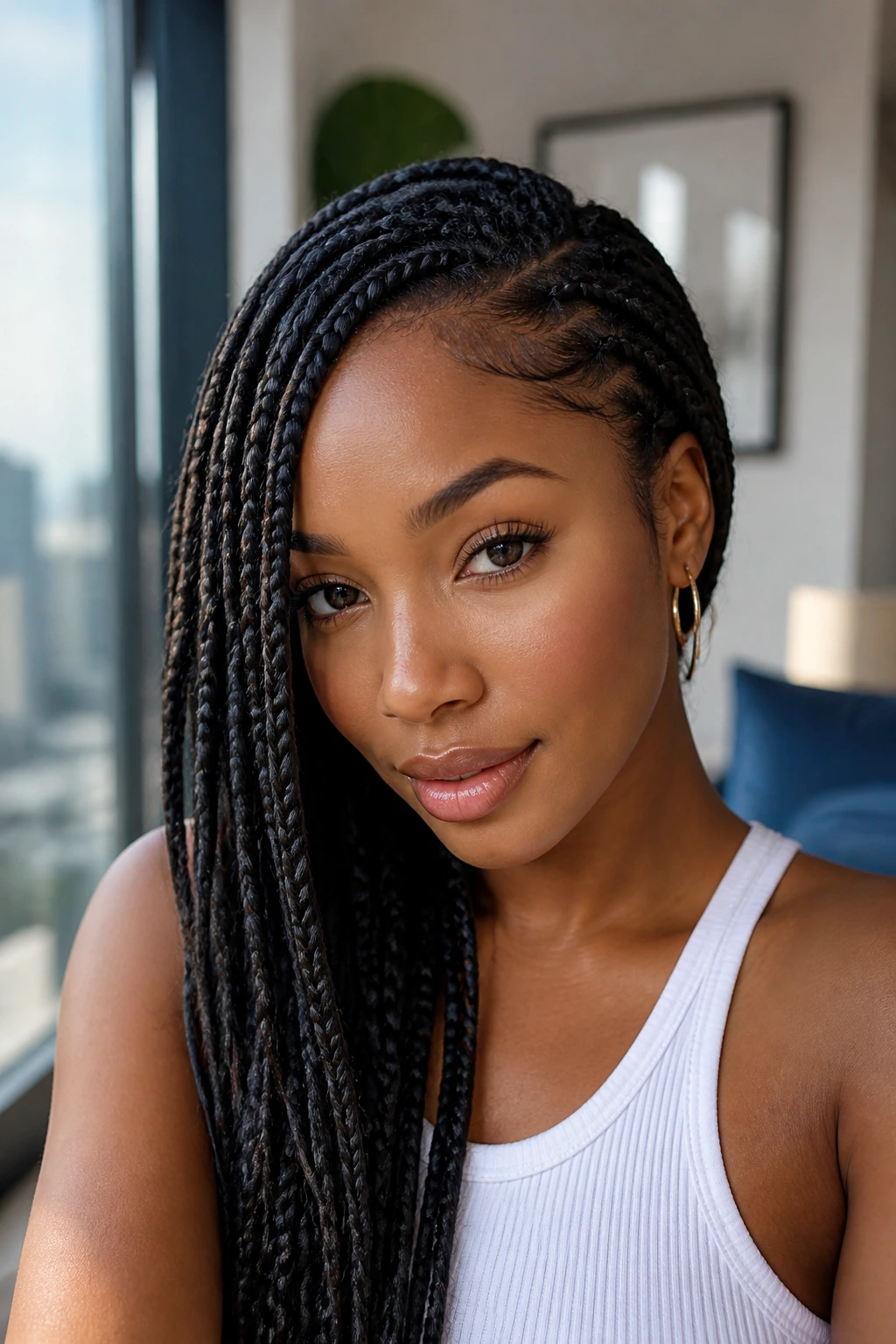 Close-up portrait of a woman with side-swept box braids