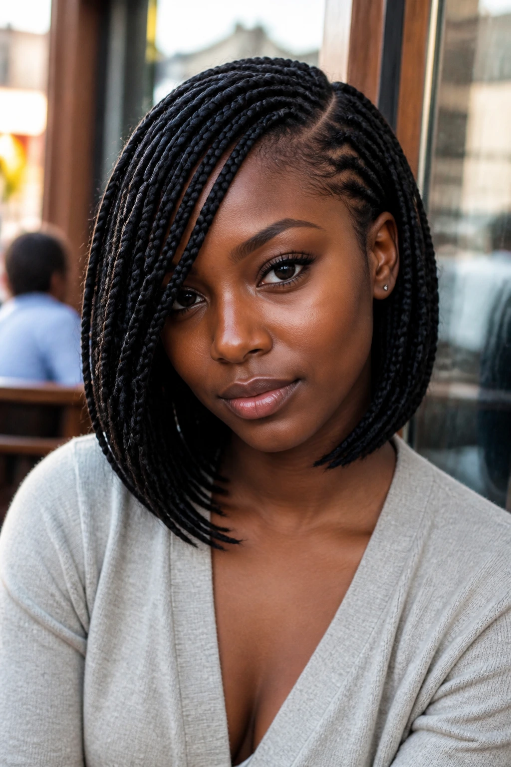 Portrait of a real woman with sleek side-swept box braids