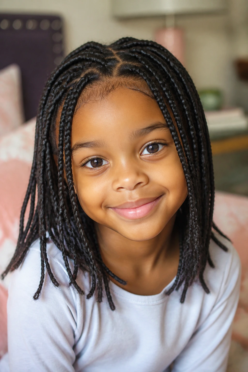 Close-up of a child with small-part box braids in a cozy room