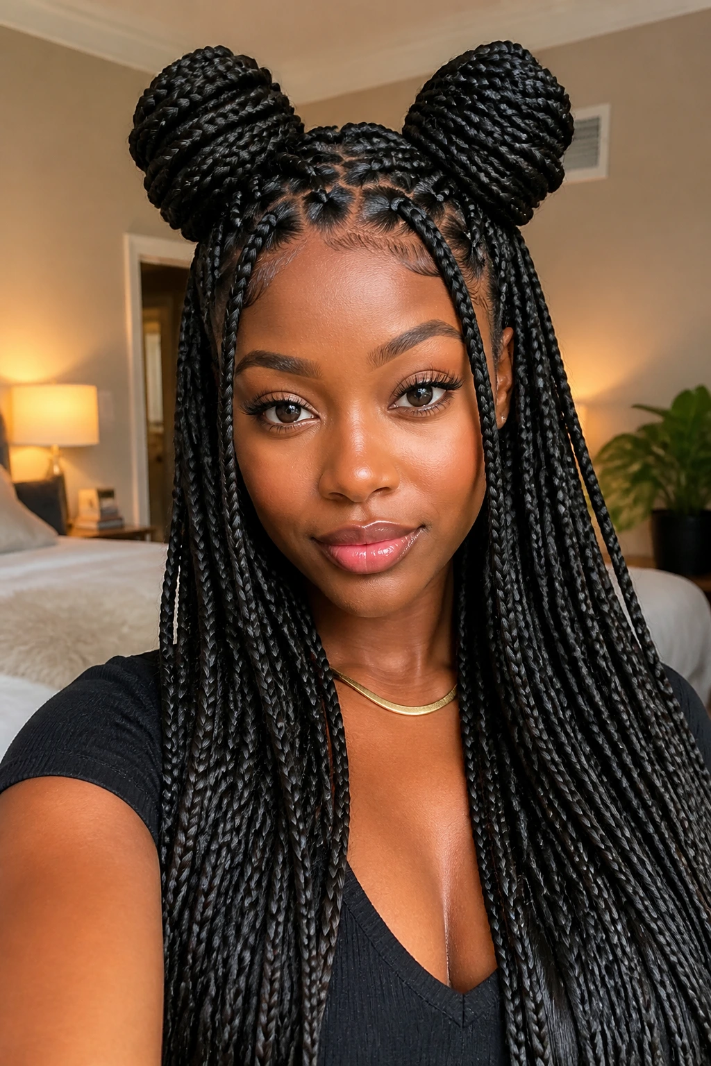 Real person with double space buns and loose braided length in warm-lit room