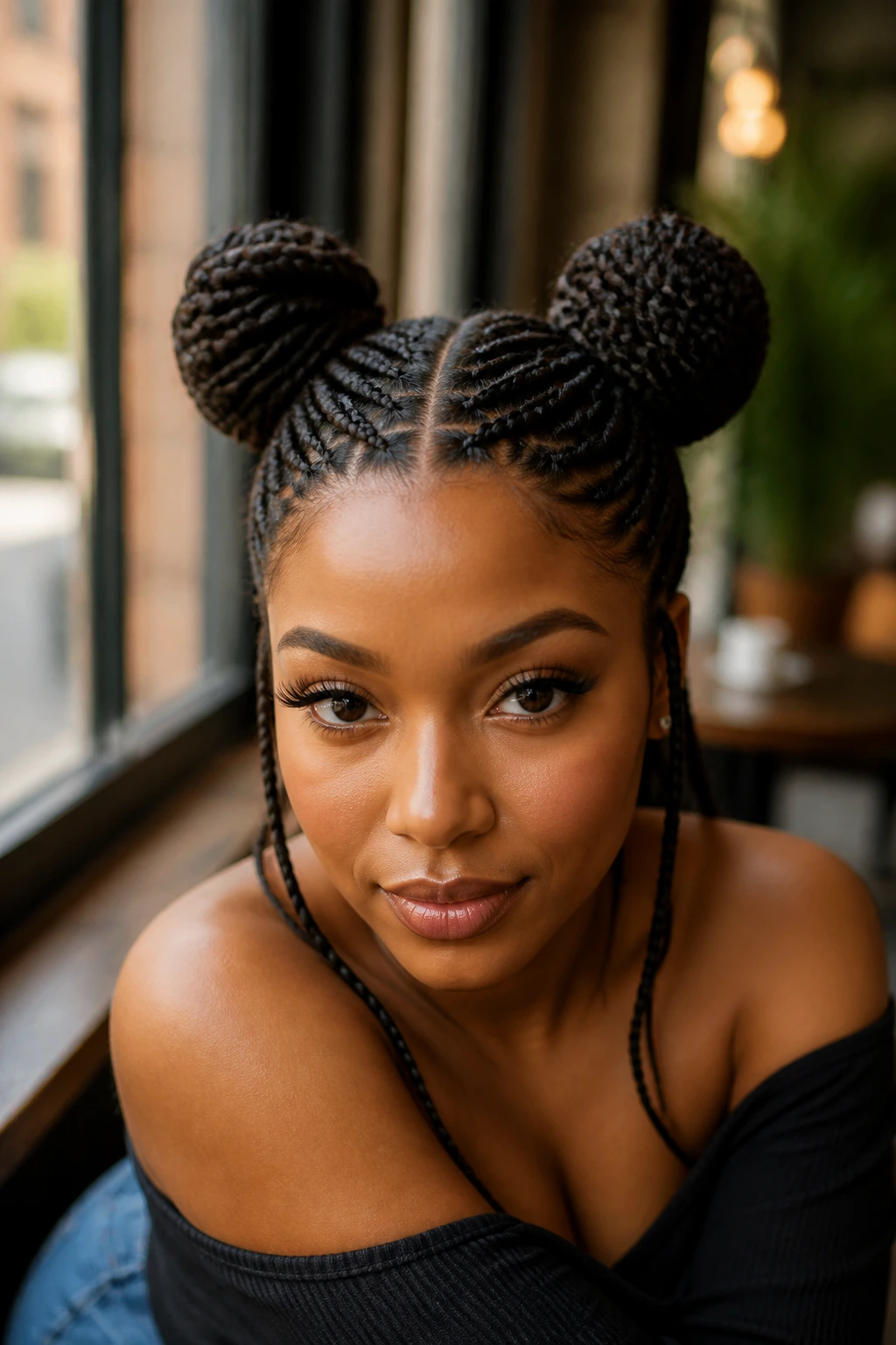Portrait of a woman with two neat space buns and center part
