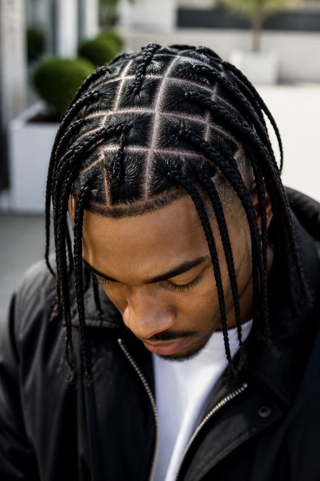 Man with box braids and square parts portrait