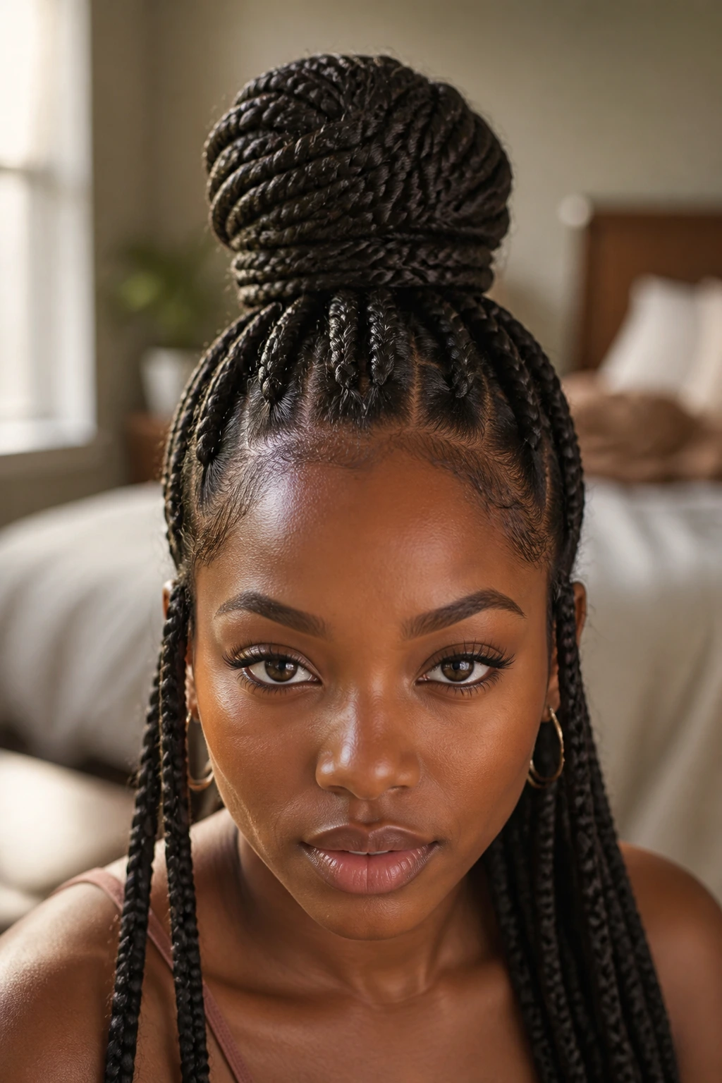 Close-up portrait of a real woman with a braided top knot centered on the crown