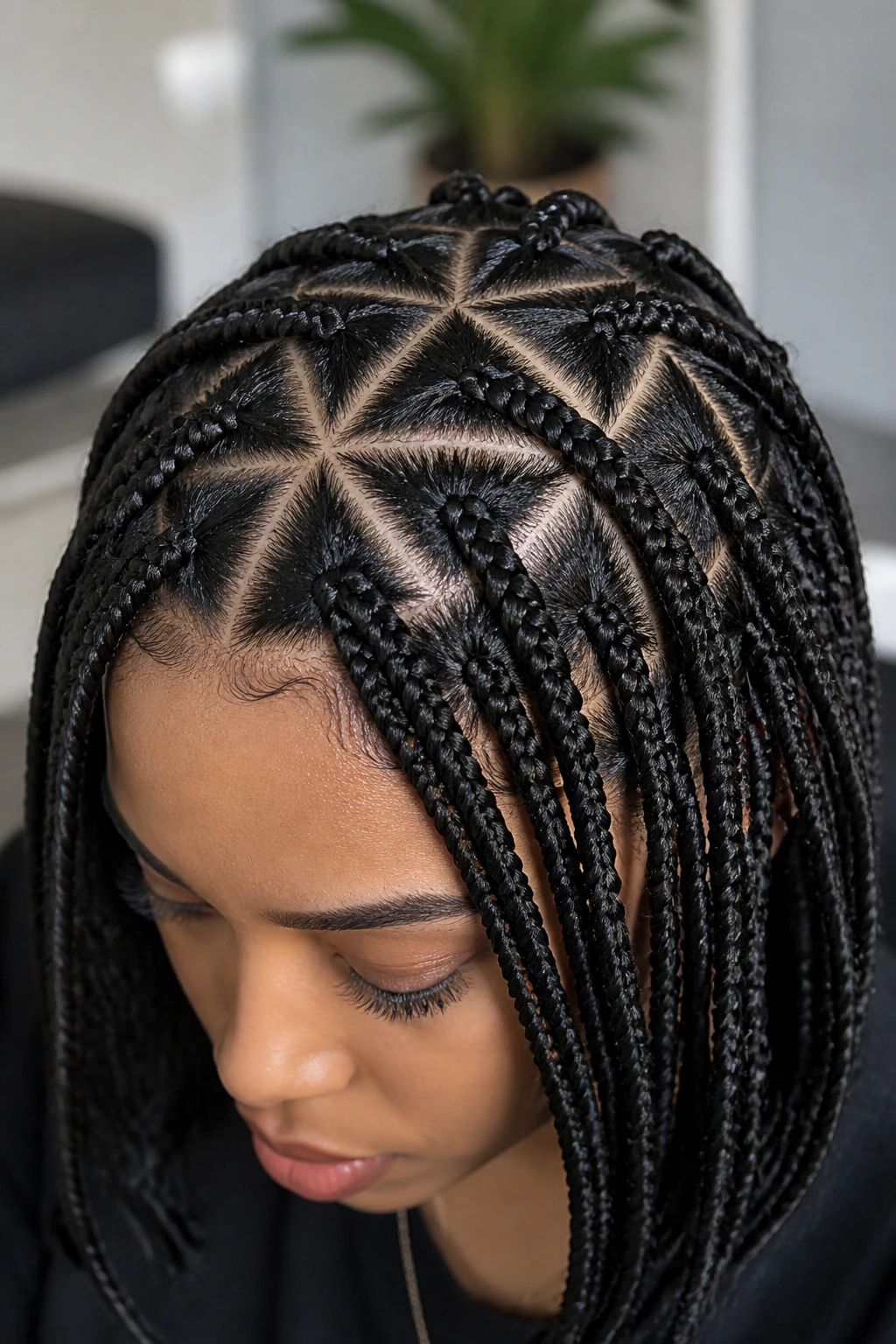 Portrait of a woman with triangle-part box braids