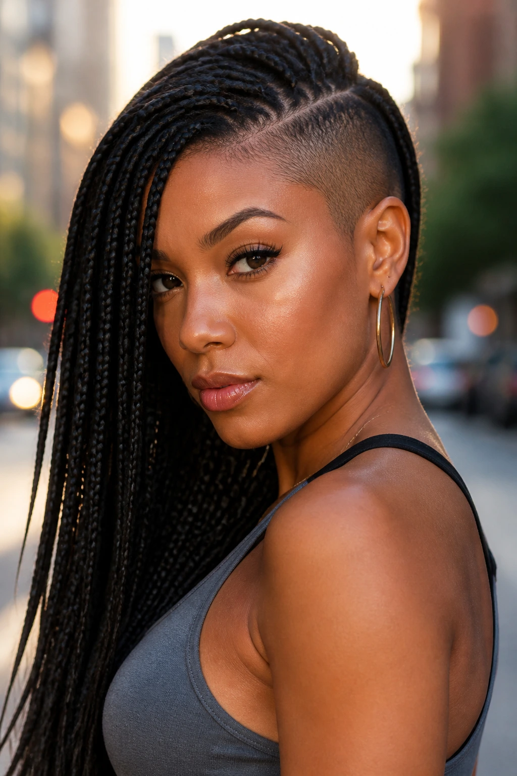 Portrait of a person with box braids and a side undercut