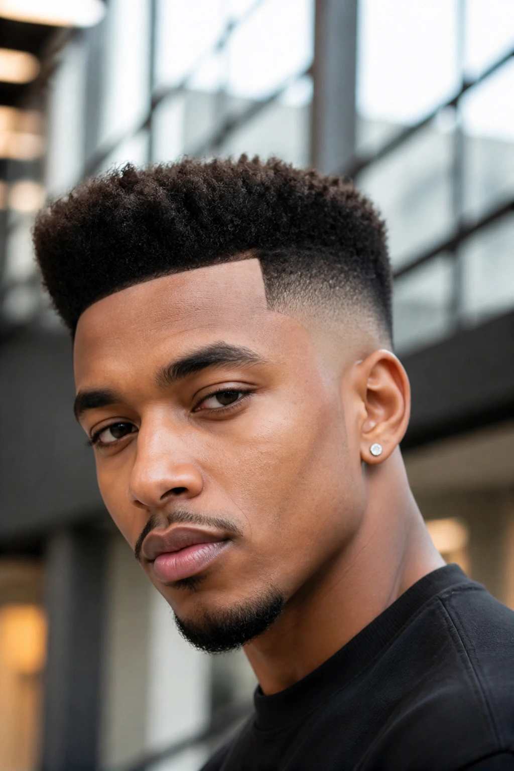 Close-up portrait of a real person with a box-fade frohawk hairstyle