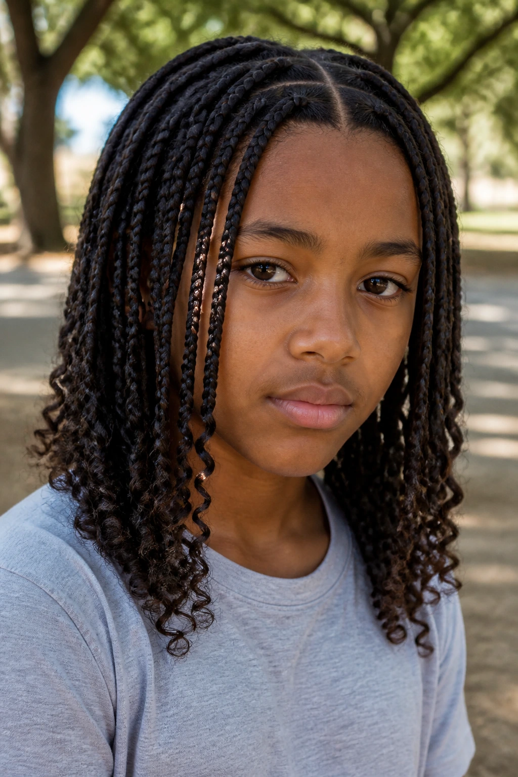 Portrait of a boy with box braids and curly ends