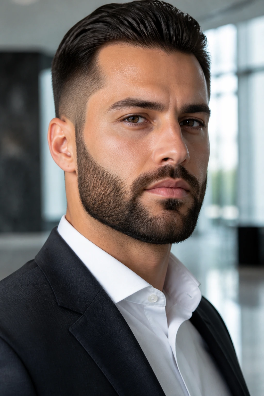 Close-up of a man with a fuller boxed beard, strong jaw framing.
