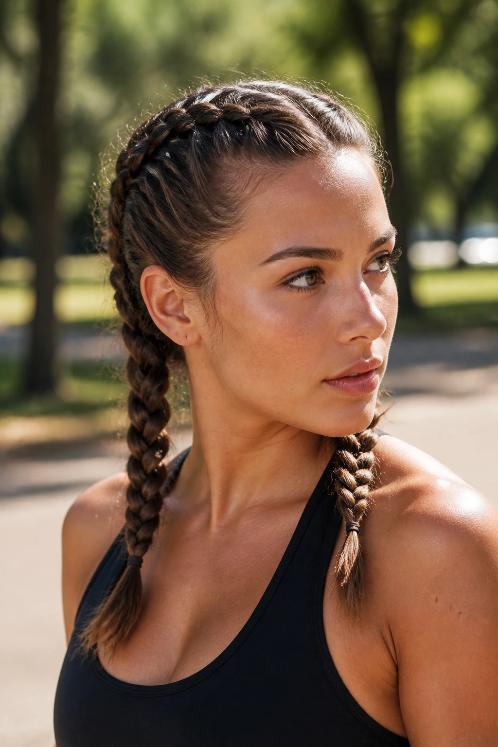 Close-up of a real woman with two boxer braids in an outdoor park.