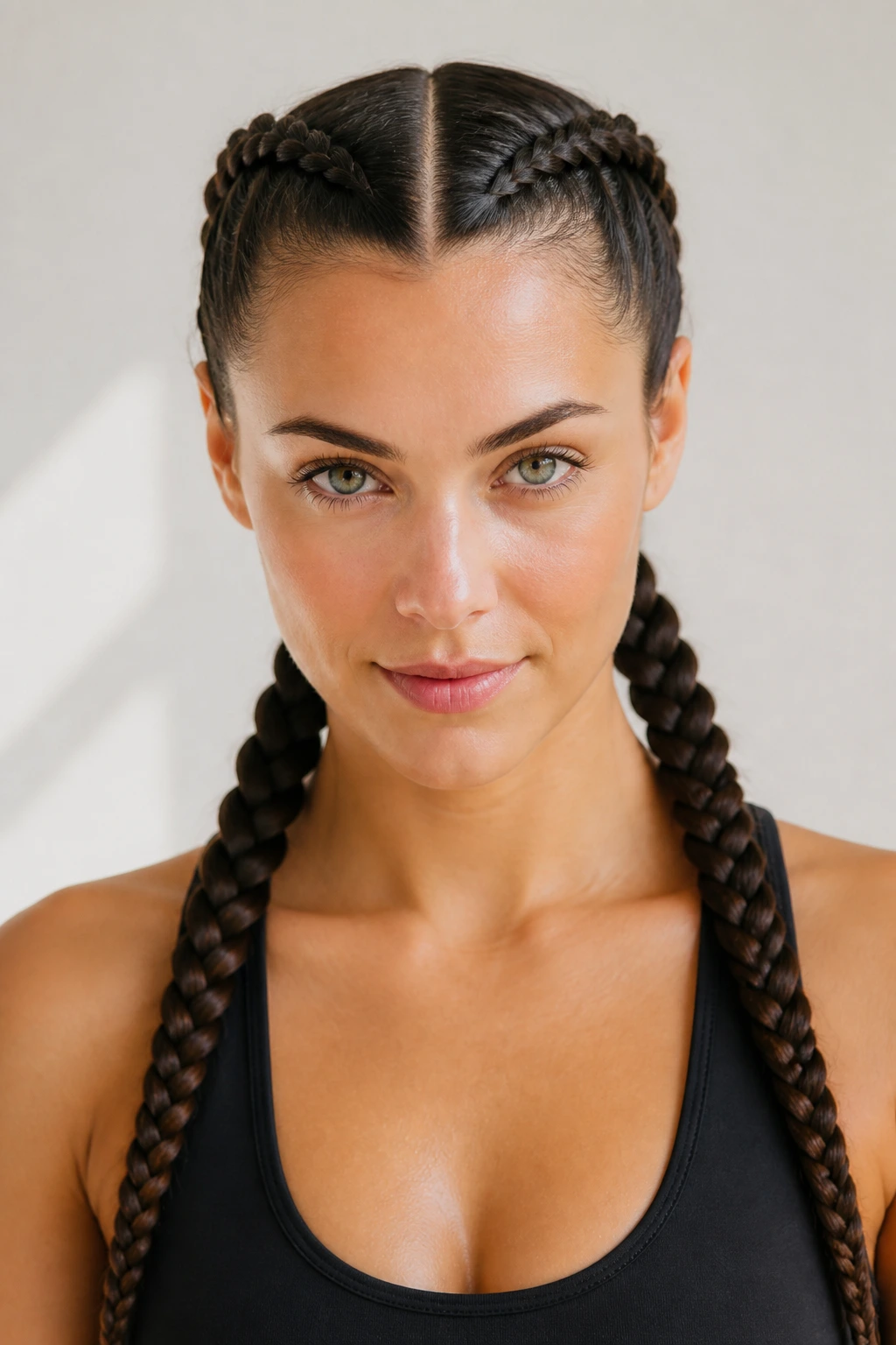 Portrait of a real woman with two boxer braids close to the scalp.
