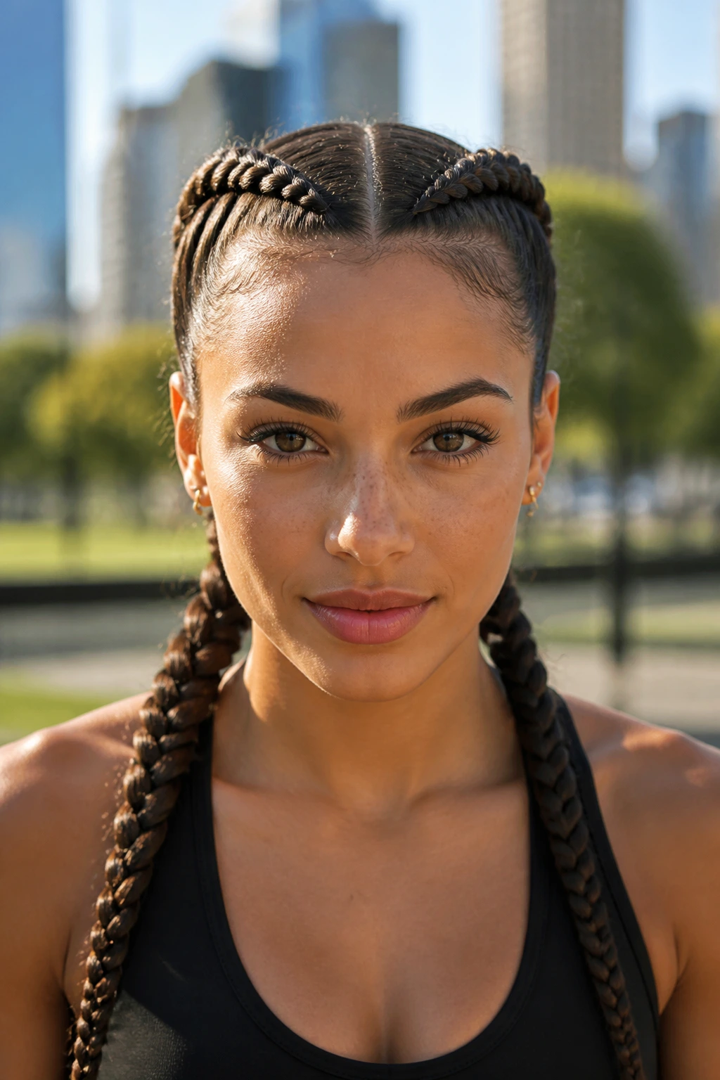 Front-facing close-up of a real woman with two tight boxer braids in a park.