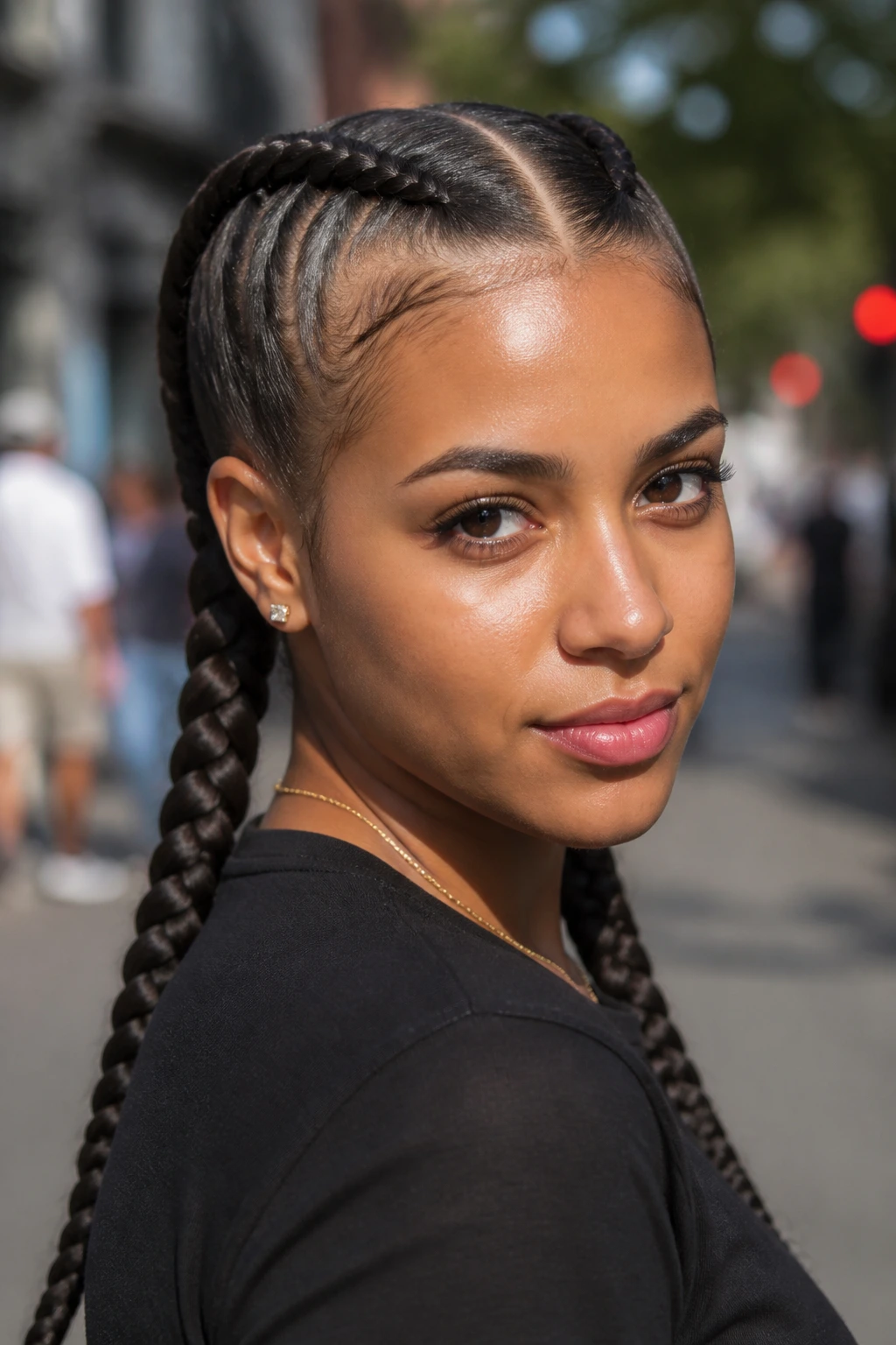 Real woman with two tight boxer braids and open face in afternoon street light