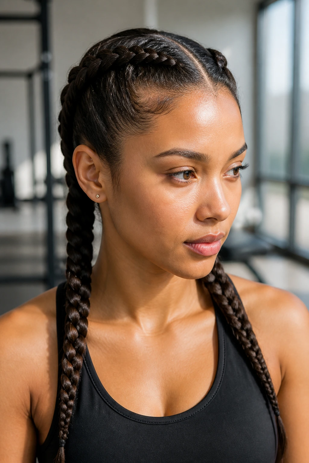 Close-up of a real woman with two Dutch boxer braids along the scalp.