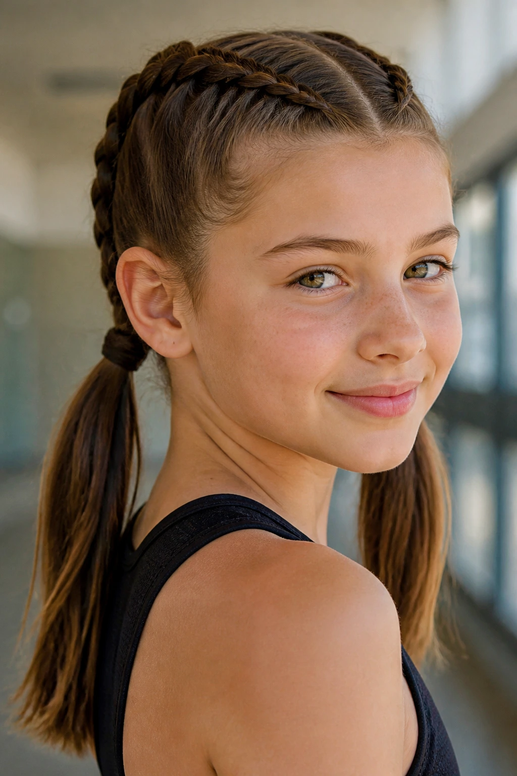 Close-up of a girl with boxer braids leading into two low pigtails
