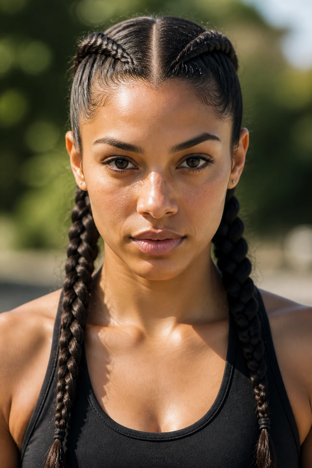 Front view of a woman with boxer braids in bright natural light
