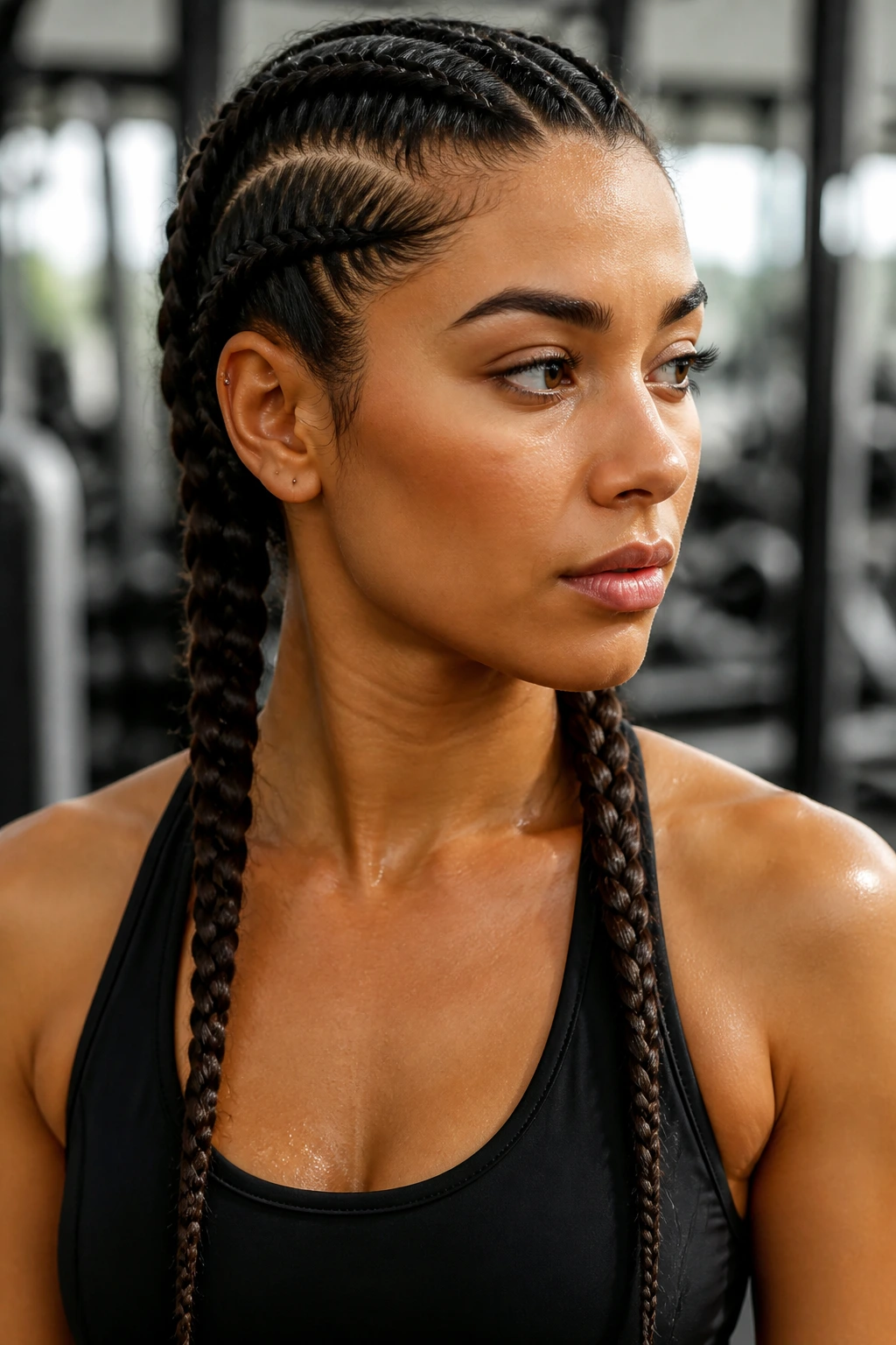 Portrait of a real woman with two tight boxer braids along the scalp.