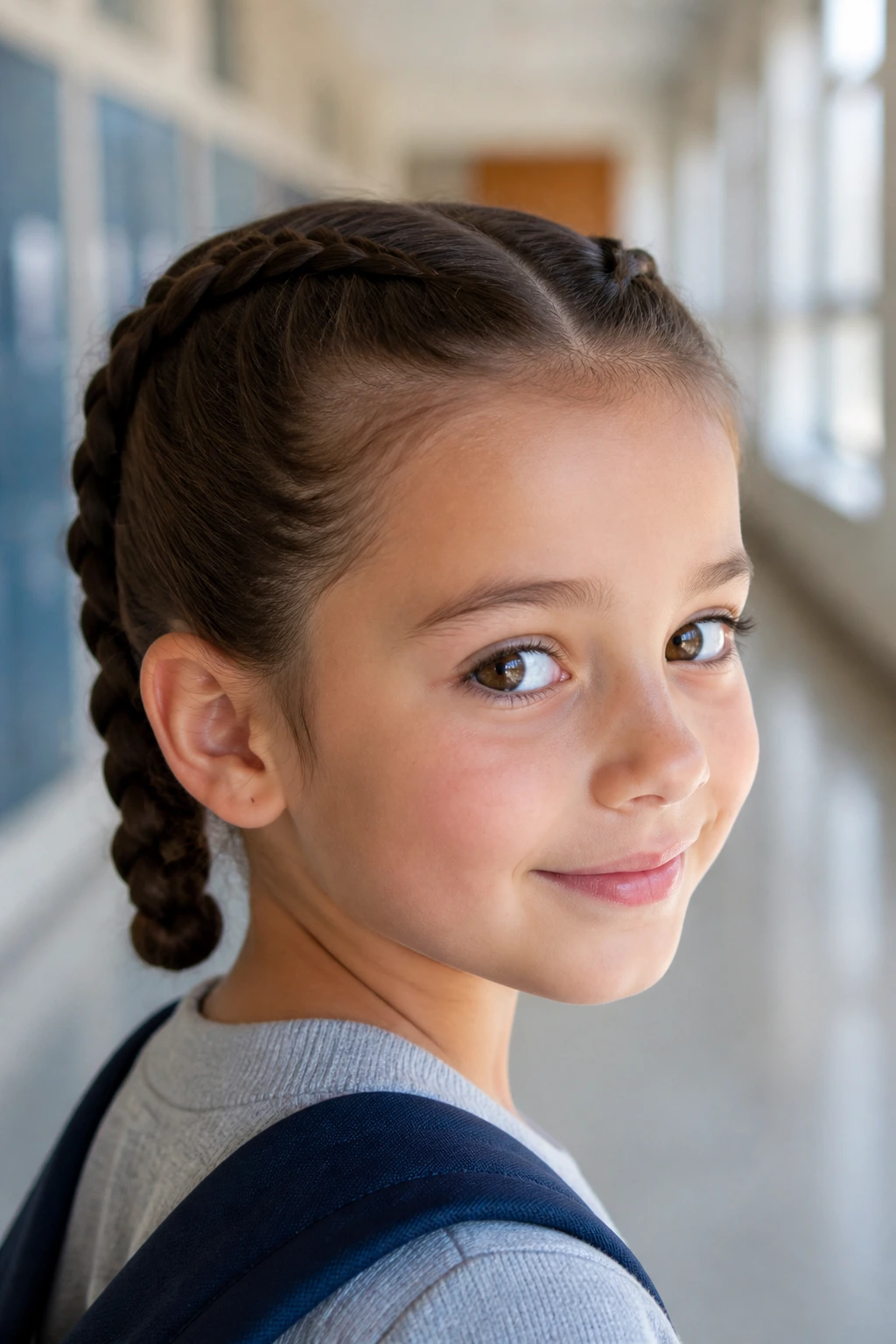 Close-up portrait of a girl with boxer braids and tucked ends in a school hallway