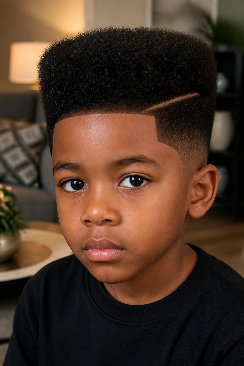 Close-up of a child with a boxy Afro and hard part in soft lighting
