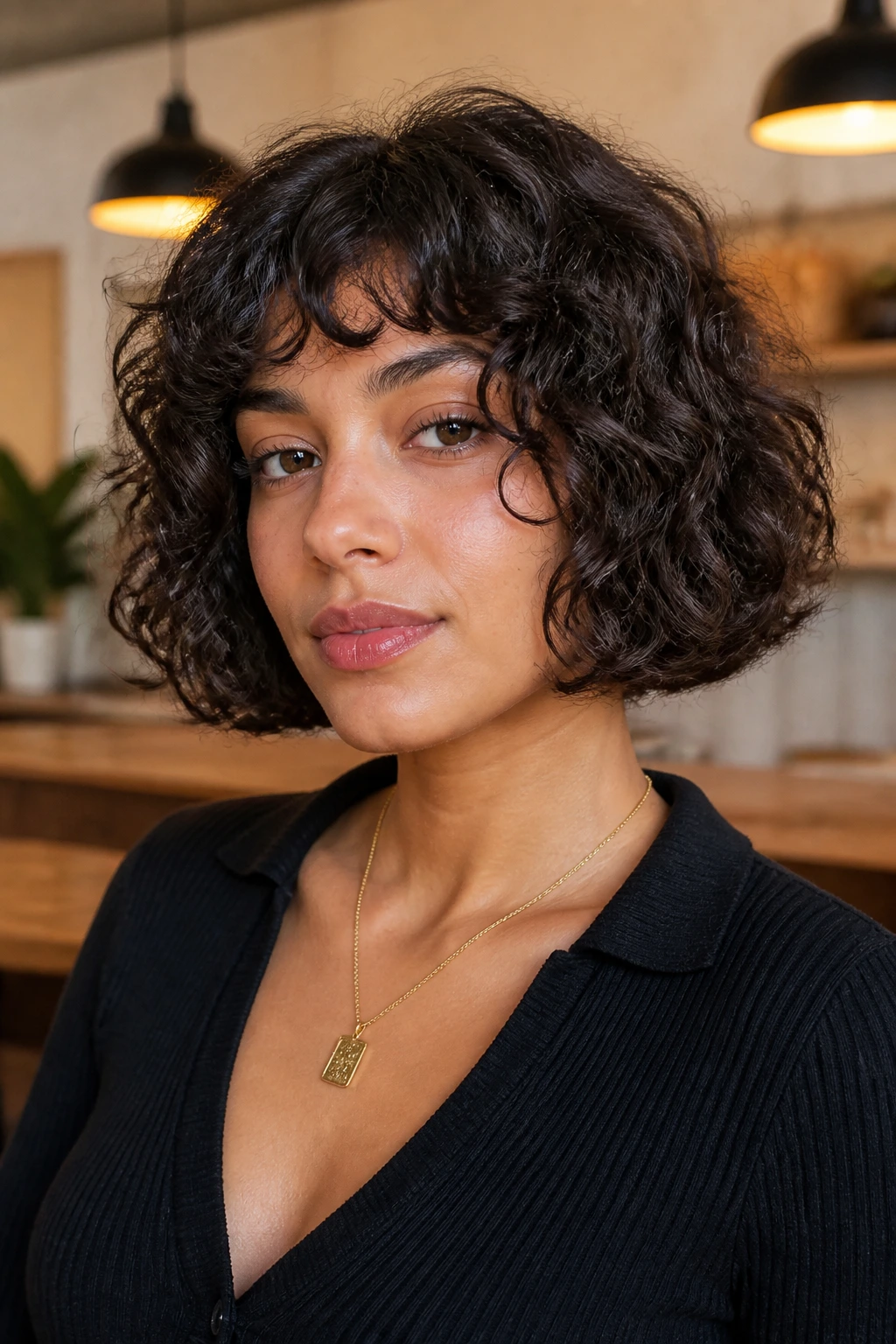 Close-up of real woman with a boxy blunt curly bob and a sharp bottom edge.